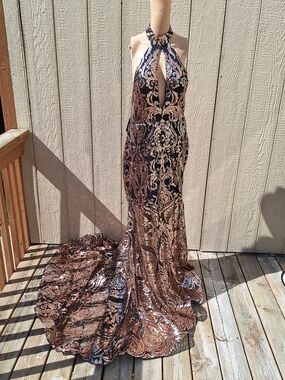 Sequin Halter Evening Gown in Rose Gold and Black